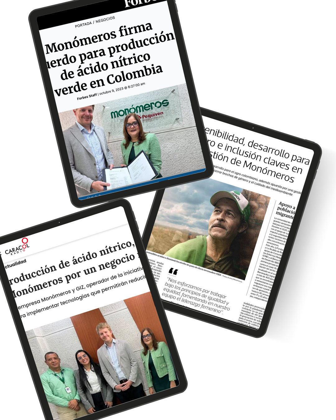 Tablet mostrando casos de éxito en medios de comunicación
